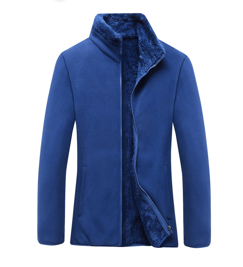 Blue outdoor sports stand collar thermal fleece jacket with zipper, perfect for camping and hiking, featuring anti-static insulation.